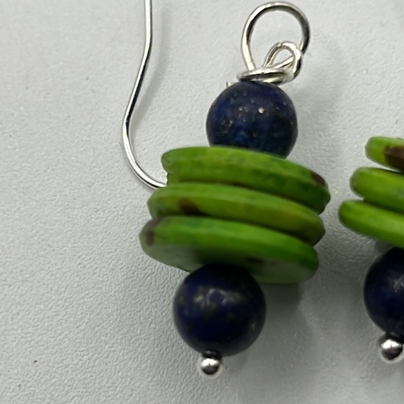 ARTISAN LAPIS AND DYED HORN EARRINGS WITH STERLING SILVER HOOKS - Picture 5 of 5